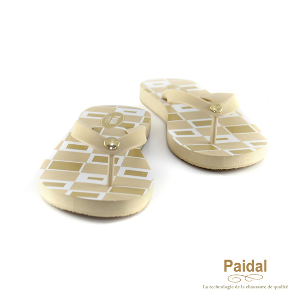 Paidal 幾何方塊海灘拖鞋人字拖鞋-卡其