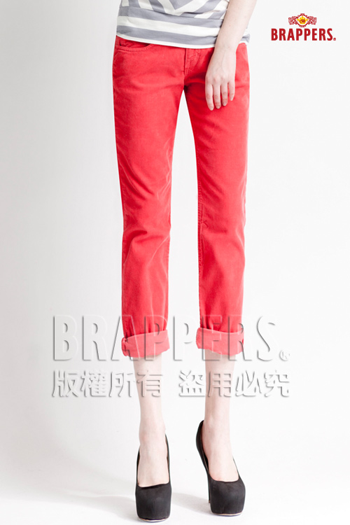 BRAPPERS BoyFriendJeans系列-女款3D八分條絨反摺褲-橘紅