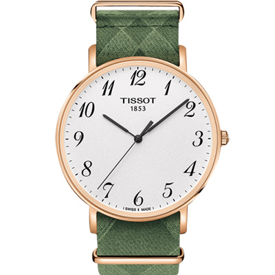 TISSOT 天梭 Everytime 經典雋永腕錶-銀x玫塊金框x綠色錶帶/42mm