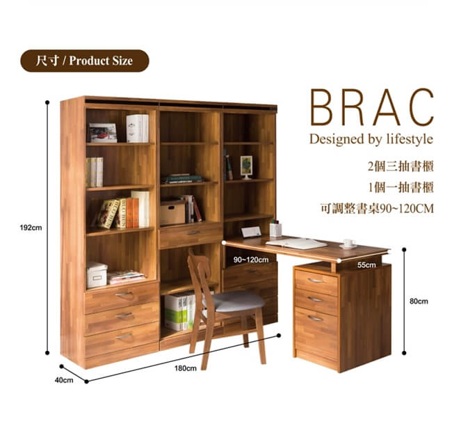日本直人木業-BRAC層木二個3抽一個1抽書櫃加調整書桌(160x180x192cm)