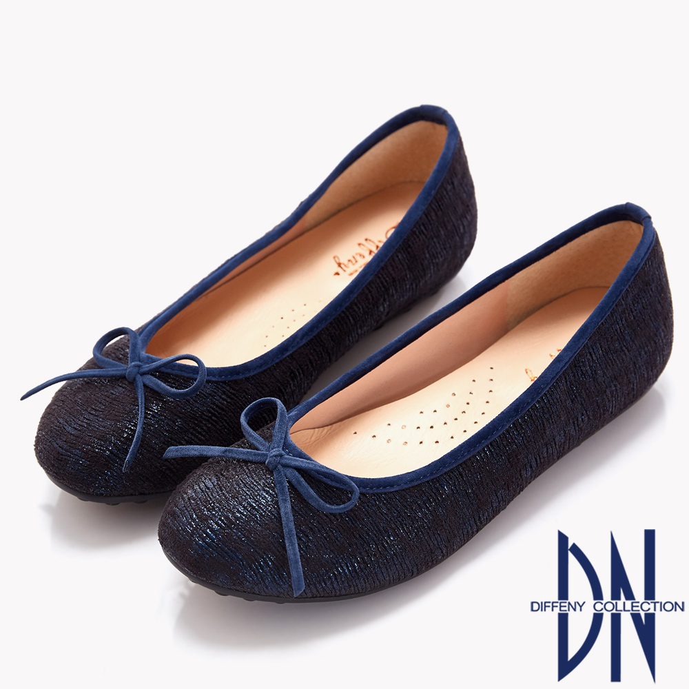 DN 時髦優雅 質感異材蝴蝶結平底鞋-藍
