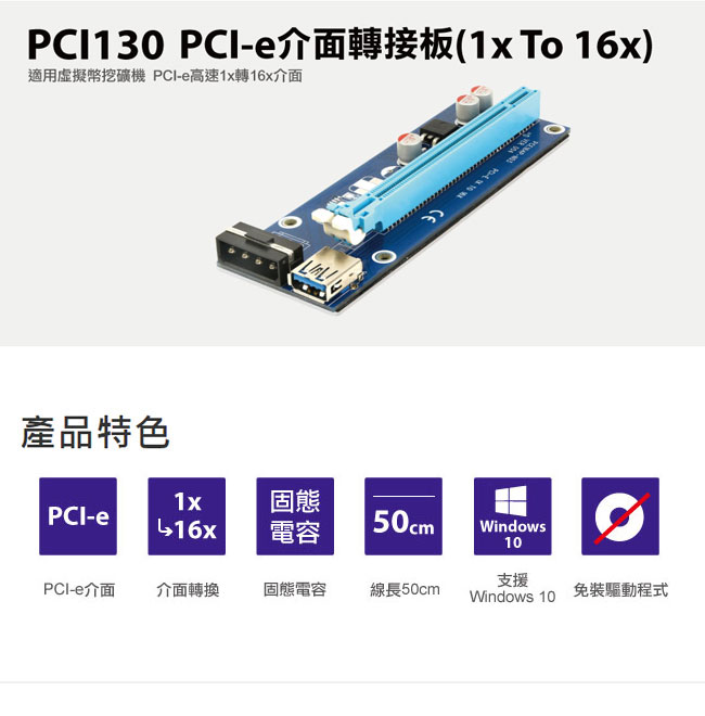 Uptech PCI130 PCI-e介面轉接板 1x To 16x