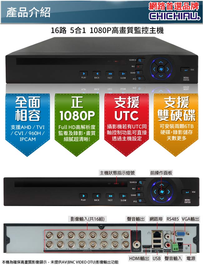 奇巧 16路2聲 五合一 AHD TVI CVI 1080P雙硬碟款混搭型數位監控錄影主機