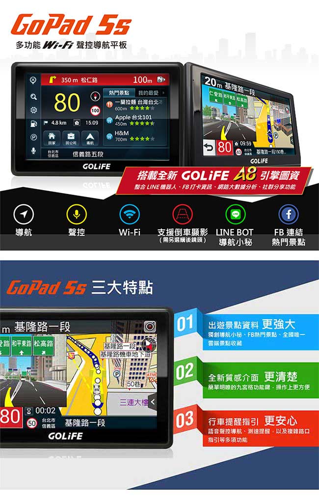 GOLiFE GoPad 5S 多功能智慧Wi-Fi 5吋聲控導航平板+R20倒車顯影鏡頭