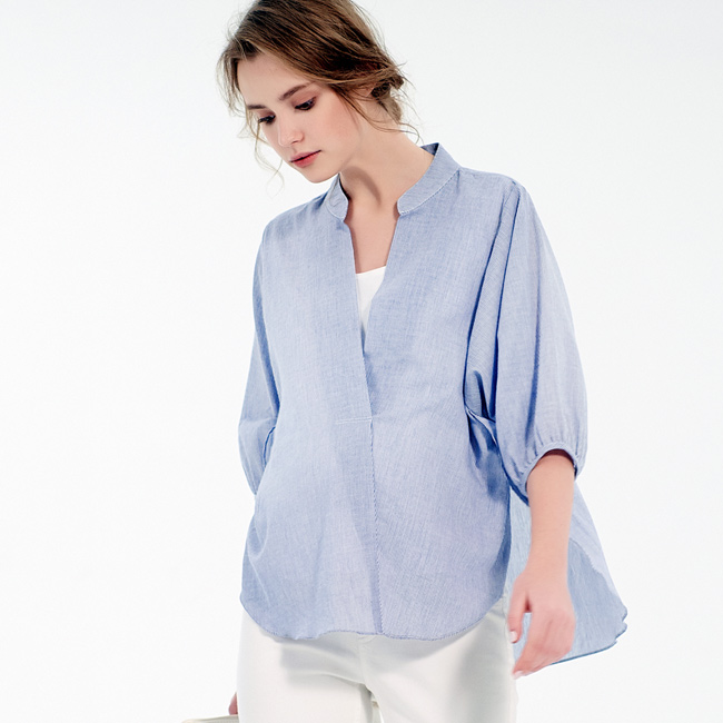 Gennies專櫃-純棉條紋立領燈籠袖哺乳衣(T3F05)藍白條