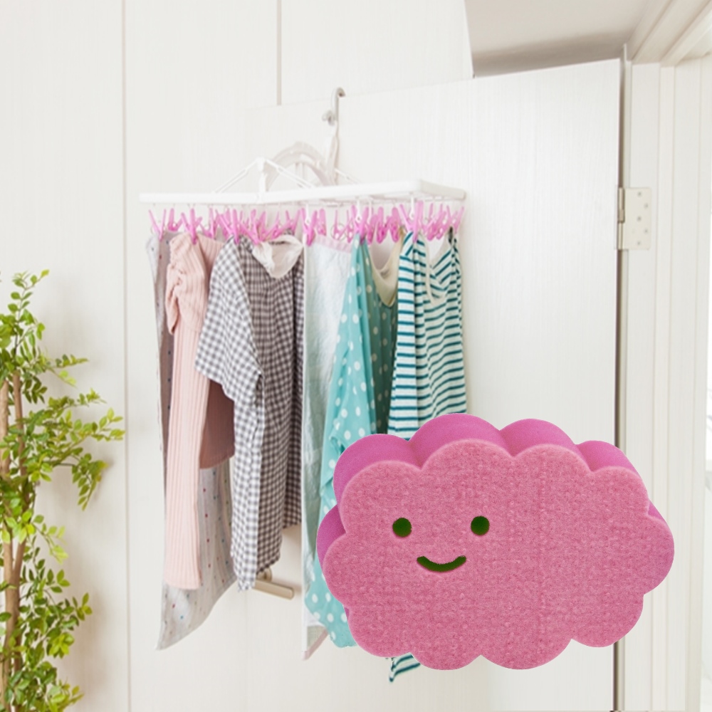 【買就送】日本AISEN室內機能6段式30夾粉紅曬衣架(送粉紅雲朵海綿刷)