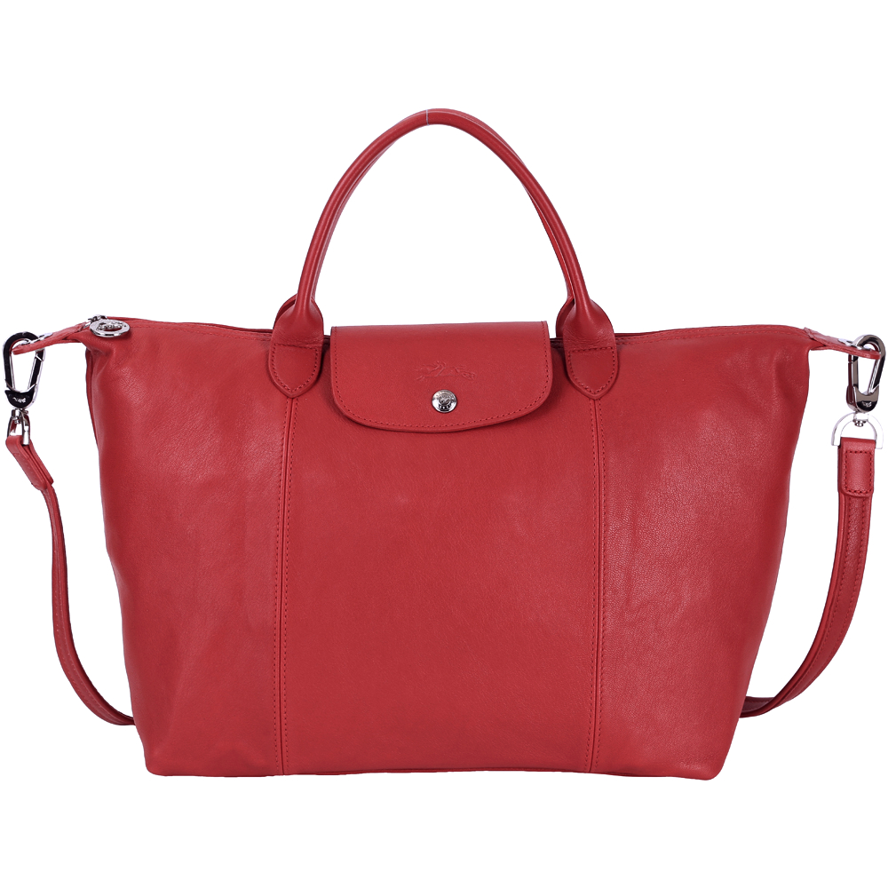 LONGCHAMP Le pliage Cuir 短把皮革摺疊兩用包(中/櫻桃紅)