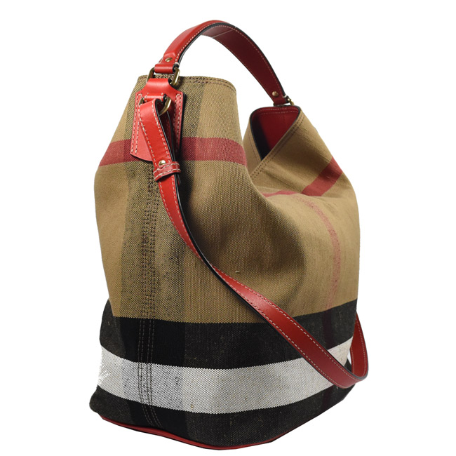 BURBERRY 格紋棉麻系列兩用HOBO水桶包(紅)