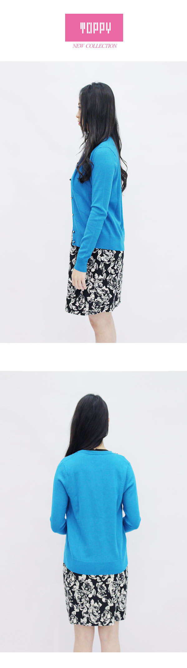 JESSICA - 高雅珠飾立體斜紋羊毛針織開襟衫（藍）