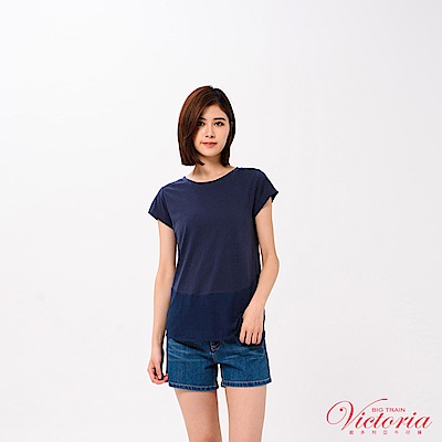 Victoria 下襬圓弧袖異材質拼接短袖T-女-深藍