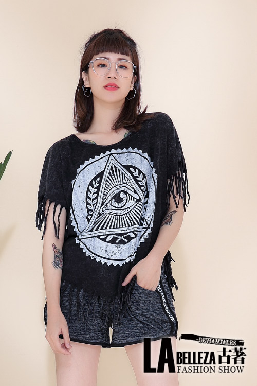 古著 三角眼圓形圖案仿舊感水洗棉流蘇造型上衣