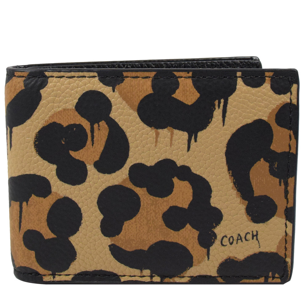 COACH  經典LOGO防刮豹紋皮革簡式短夾.米