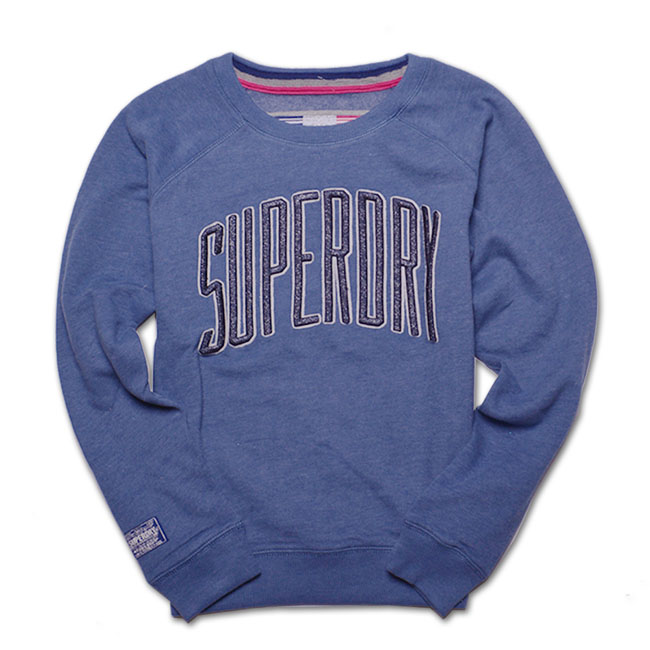 Superdry 極度乾燥 貼布繡金蔥圓領長袖T-藍