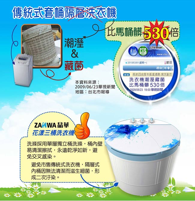 ZANWA晶華 4KG三桶分洗花漾洗衣機/脫水機/洗滌機 ZW-178D