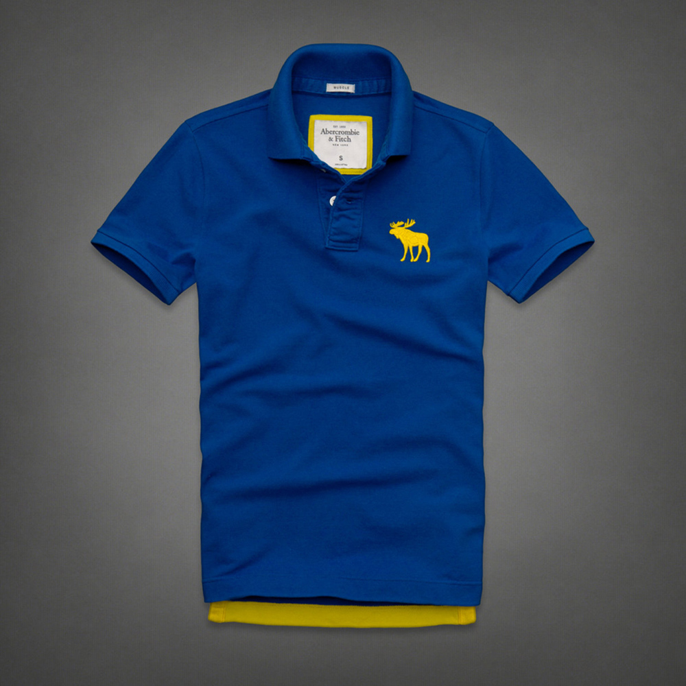 A&F  男裝 現貨 率性超大麋鹿刺繡POLO短衫(寶藍)