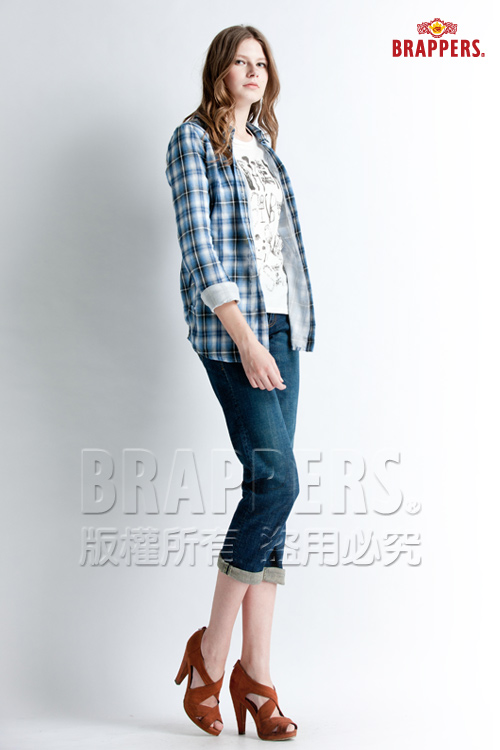 BRAPPERS 女款 格紋長版長袖襯衫-藍