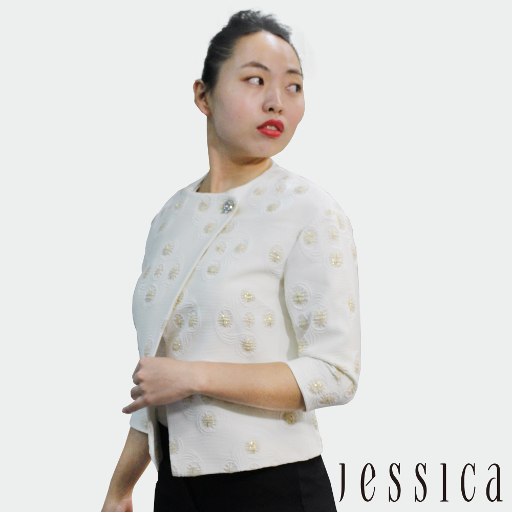 JESSICA - 高貴鑽飾幾何刺繡造形七分袖外套