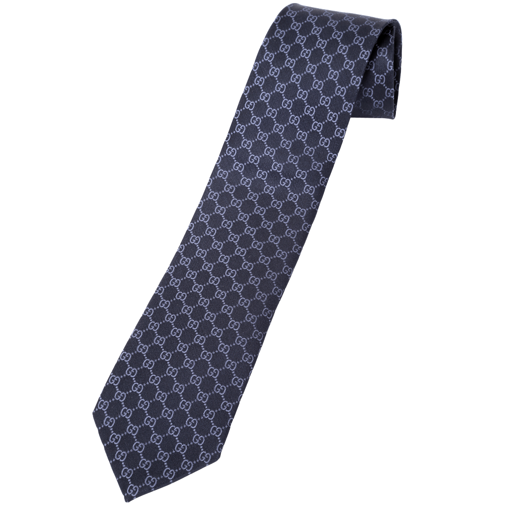 GUCCI 雙G菱格織紋皮帶圖飾領帶(深藍)