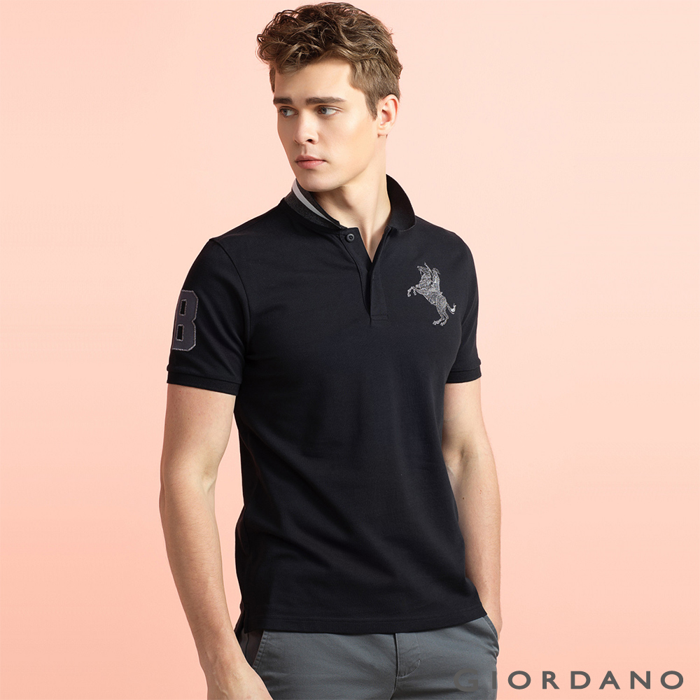 GIORDANO 男裝拿破崙刺繡彈性POLO衫- 48 標誌黑