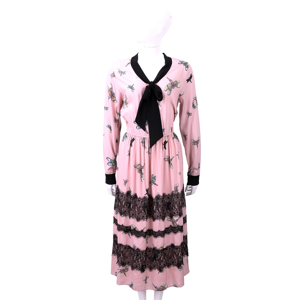 BLUGIRL-FOLIES 蕾絲細節粉色蜻蜓印花絲質洋裝