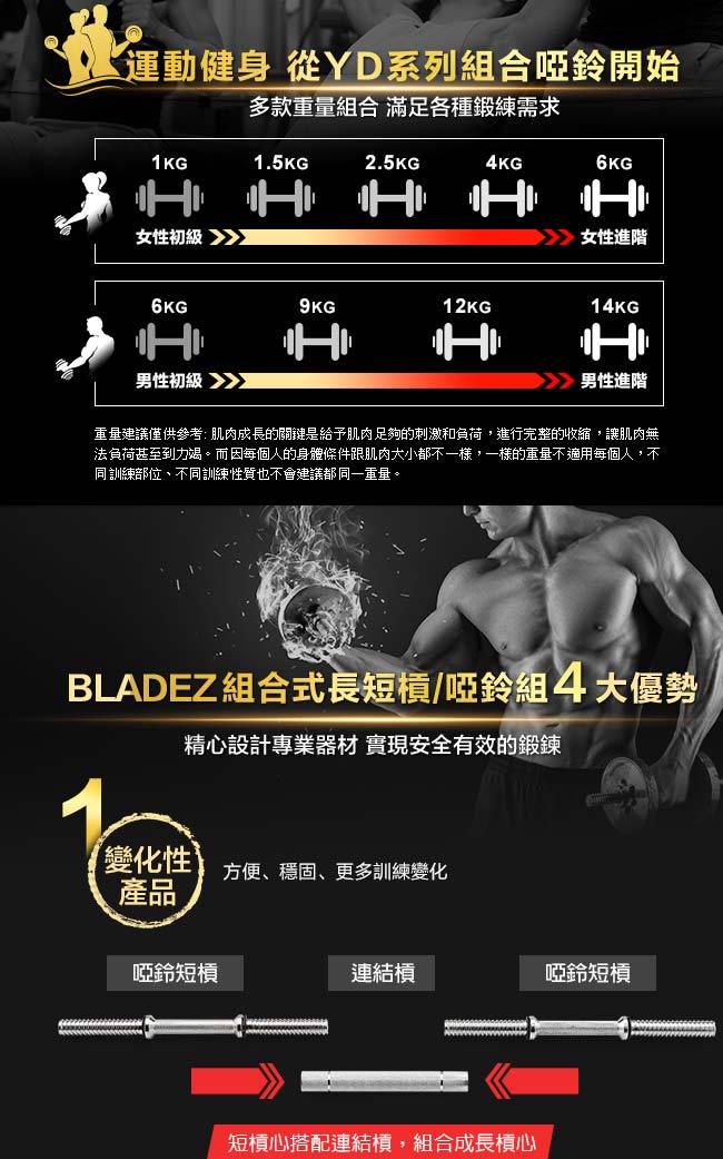 【BLADEZ】YD30電鍍20KG組合式長短槓/啞鈴組(16吋槓心)