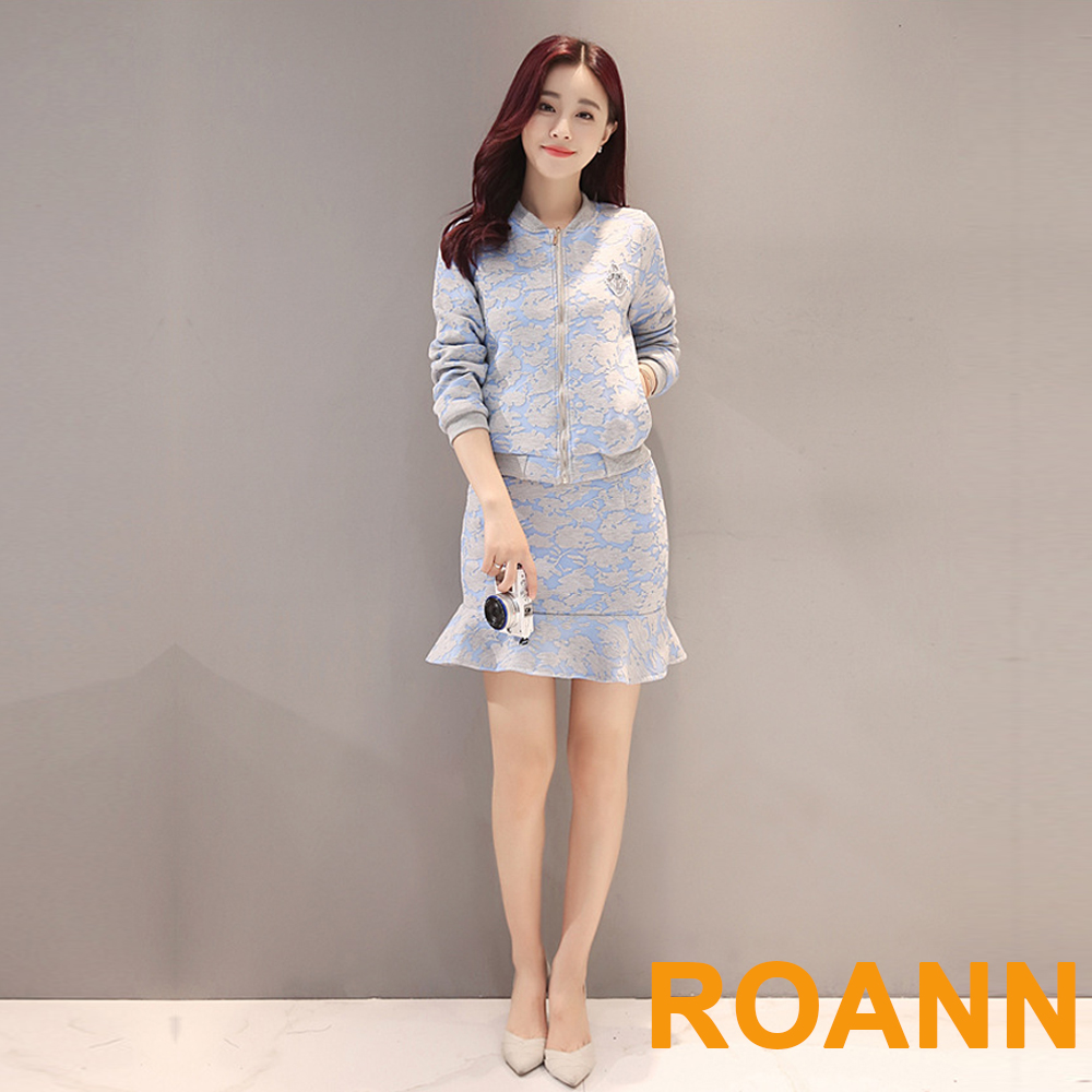 緹花棒球服外套+包臀荷葉邊魚尾短裙兩件組 (共二色)-ROANN