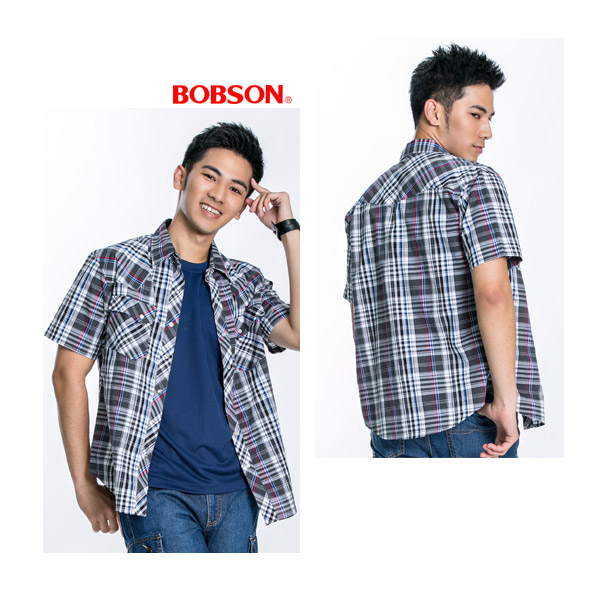 BOBSON 男款格紋短袖襯衫(黑23004-88)