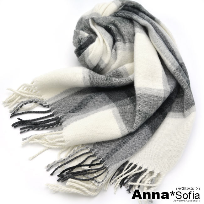 AnnaSofia 知性氣質格紋 厚織仿羊絨大披肩圍巾(米灰系)