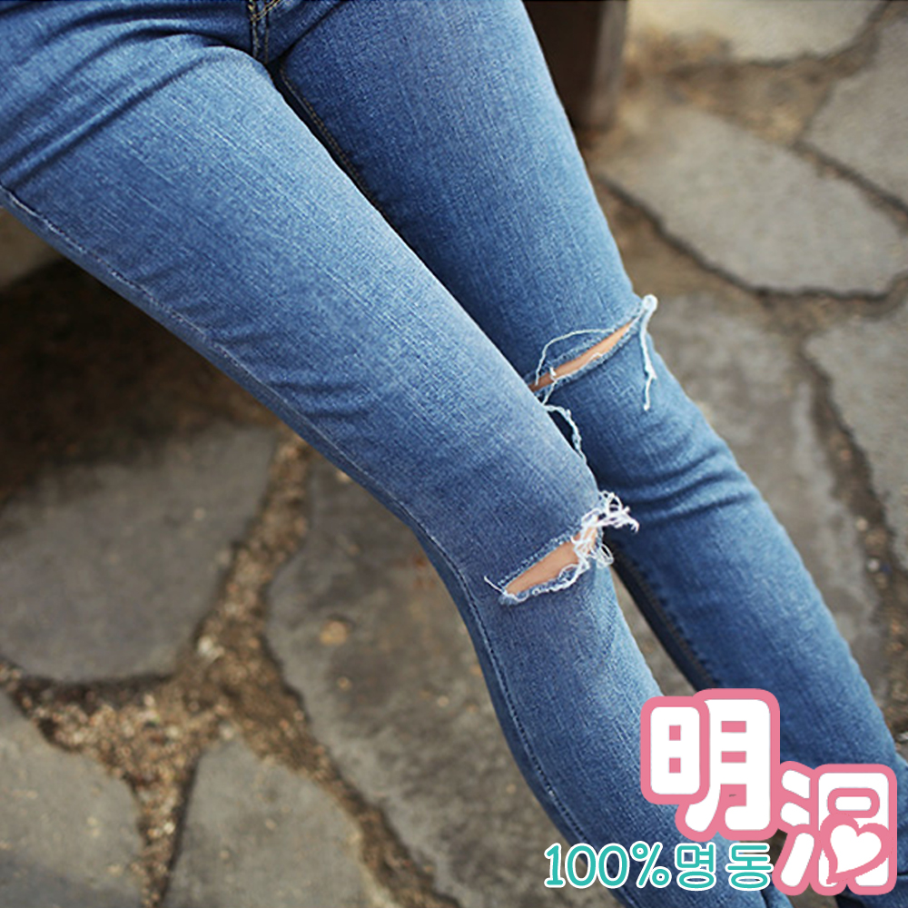 個性破損感顯瘦煙管牛仔褲 (深藍色)-100%明洞