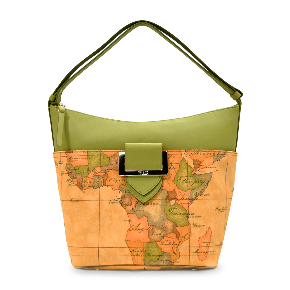 Alviero Martini 義大利地圖包 方扣配飾拉鍊肩側背包-地圖黃/抹茶綠