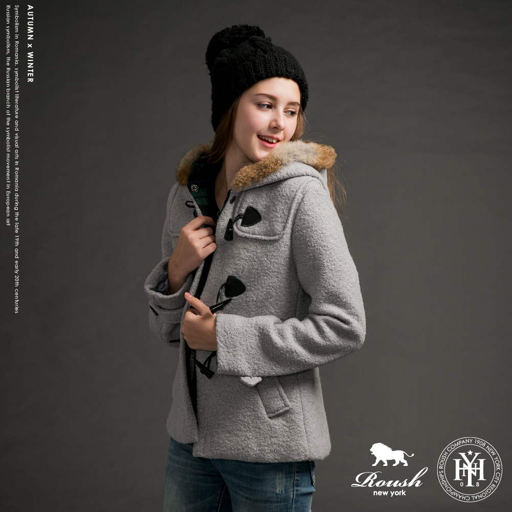 ROUSH 女生毛帽設計牛角釦毛料大衣 (4色)
