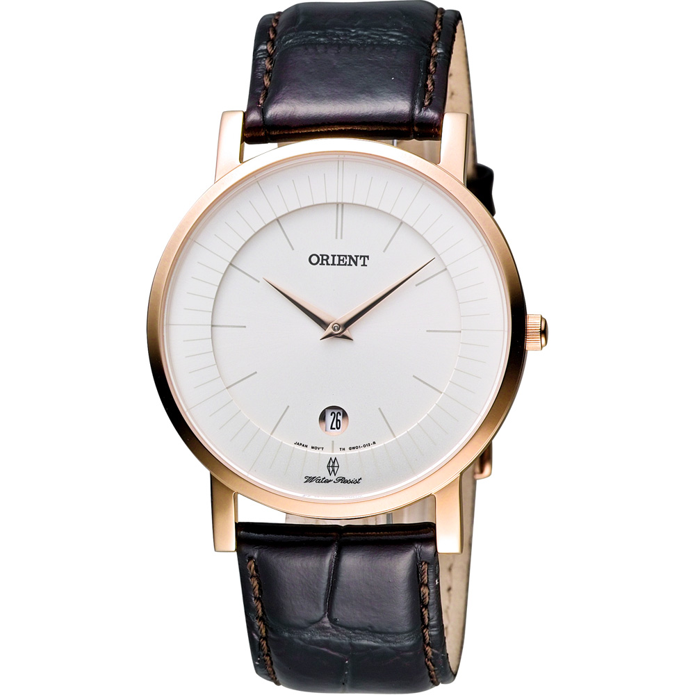 ORIENT 紳士都會薄型錶殼腕錶-銀x玫瑰金框/咖啡/38mm