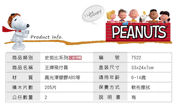 BanBao邦寶積木 史努比系列 Peanuts Snoopy 王牌飛行員 7522