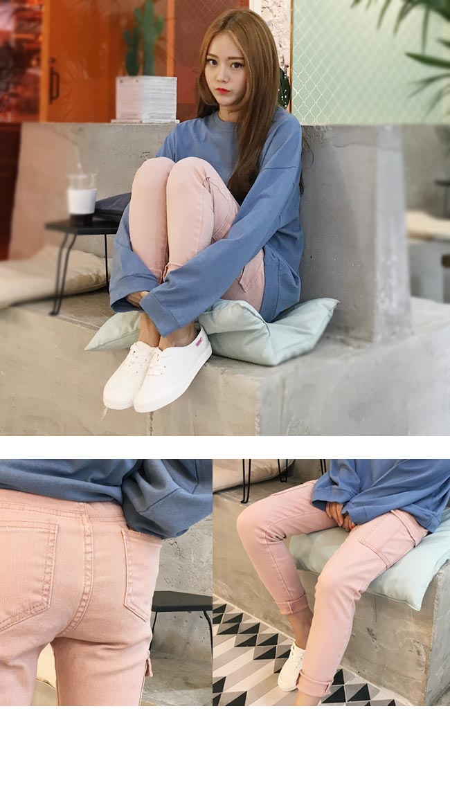 正韓 粉彩色系腿部口袋窄管褲 (共五色)-100%明洞