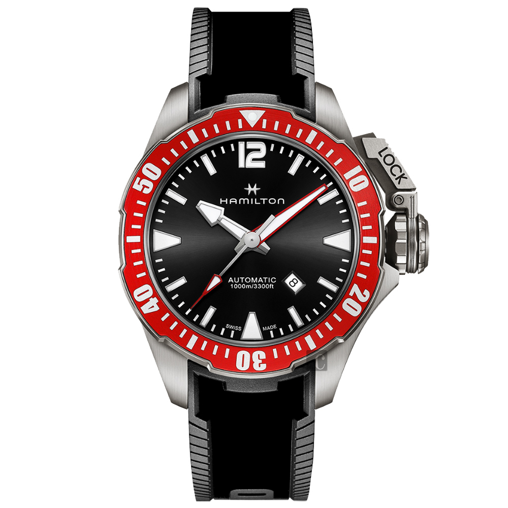 Hamilton漢米爾頓 卡其海軍鈦金屬蛙人機械錶-紅圈x黑/46mm