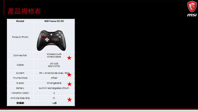 MSI微星Force GC30(PC/PS3/Android三平台)無線搖捍控制器遊戲手把