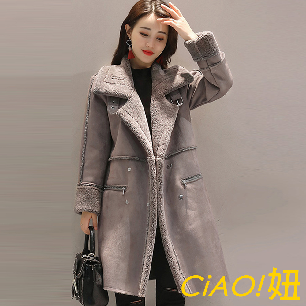 大翻領雙排釦麂皮绒長袖外套 (灰色)-CIAO妞