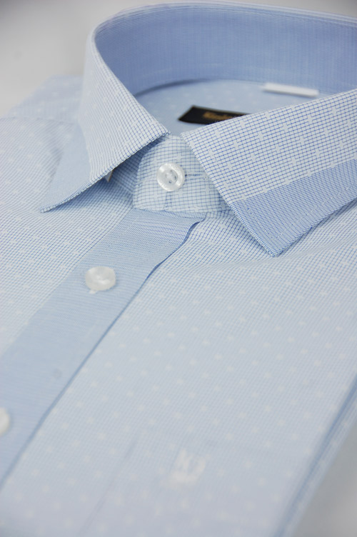 金‧安德森 藍色格紋變化領圓點窄版長袖襯衫