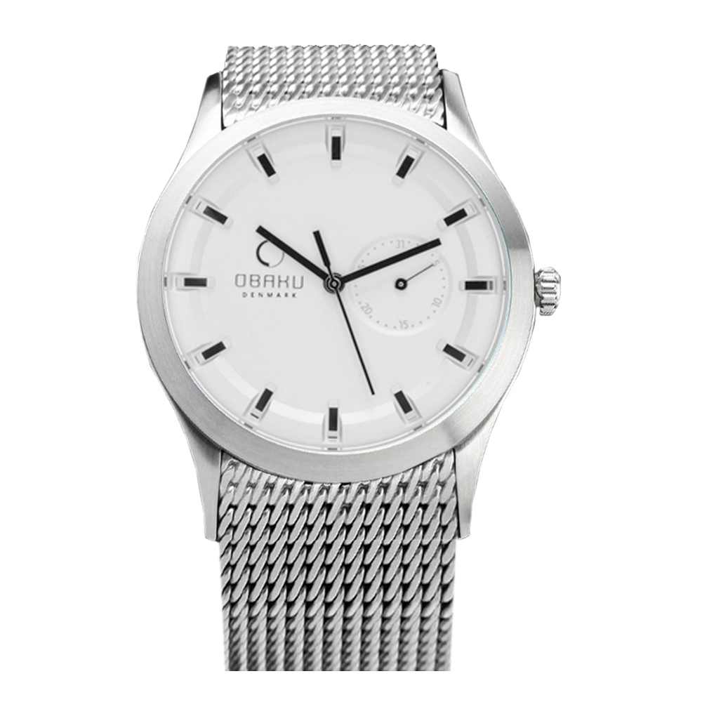 OBAKU 極簡時刻日期米蘭帶腕錶-銀框白面/41.5mm
