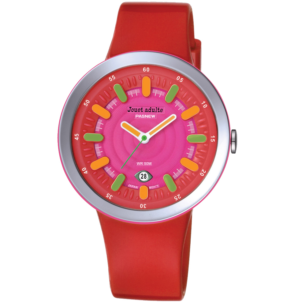 PASNEW 果凍系列 彩色指針休閒錶-紅/41mm