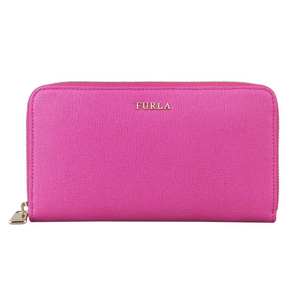 FURLA 金字LOGO防刮皮革拉鍊長夾(桃紅)