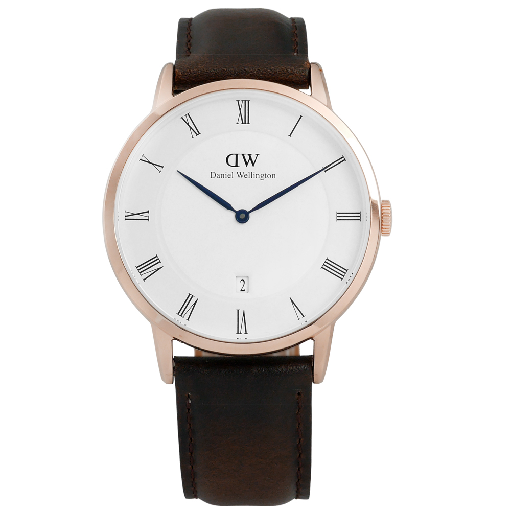 DW Daniel Wellington 英式羅馬數字真皮腕錶-白x玫瑰金框x棕/38mm