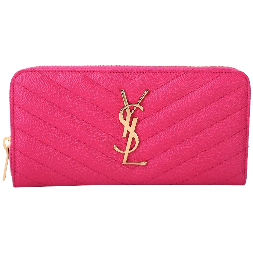 YSL Saint Laurent MONOGRAM 斜壓荔枝皮紋拉鍊長夾(桃紅色)