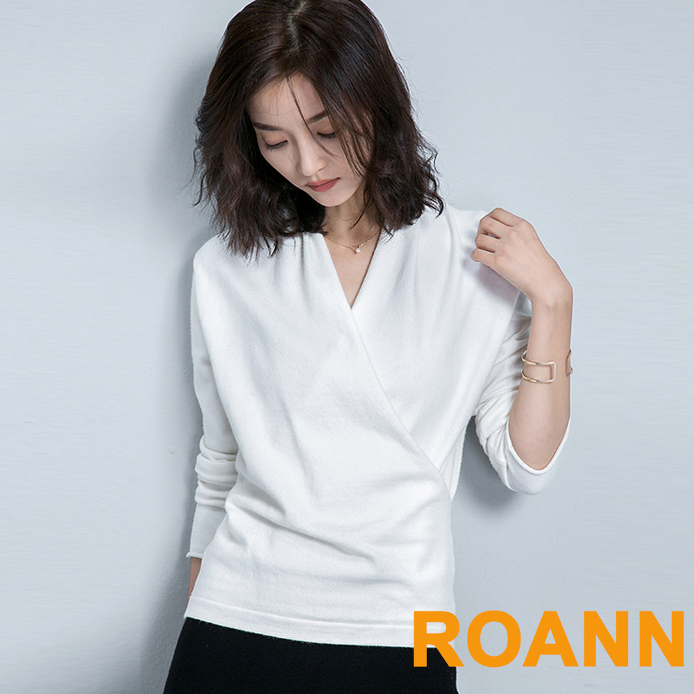 素面交疊V領長袖針織衫 (白色)-ROANN