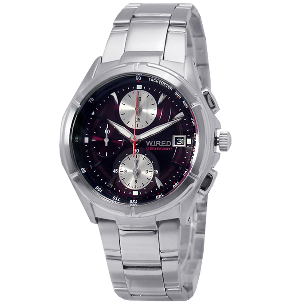 WIRED 日系型男精緻時尚三眼計時腕錶(AGAV025)-深紅炫光 /40mm
