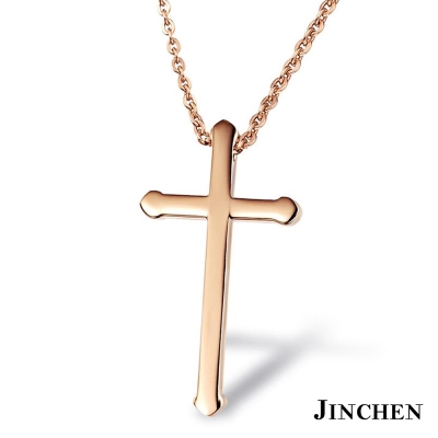 JINCHEN 白鋼十字架項鍊-玫金