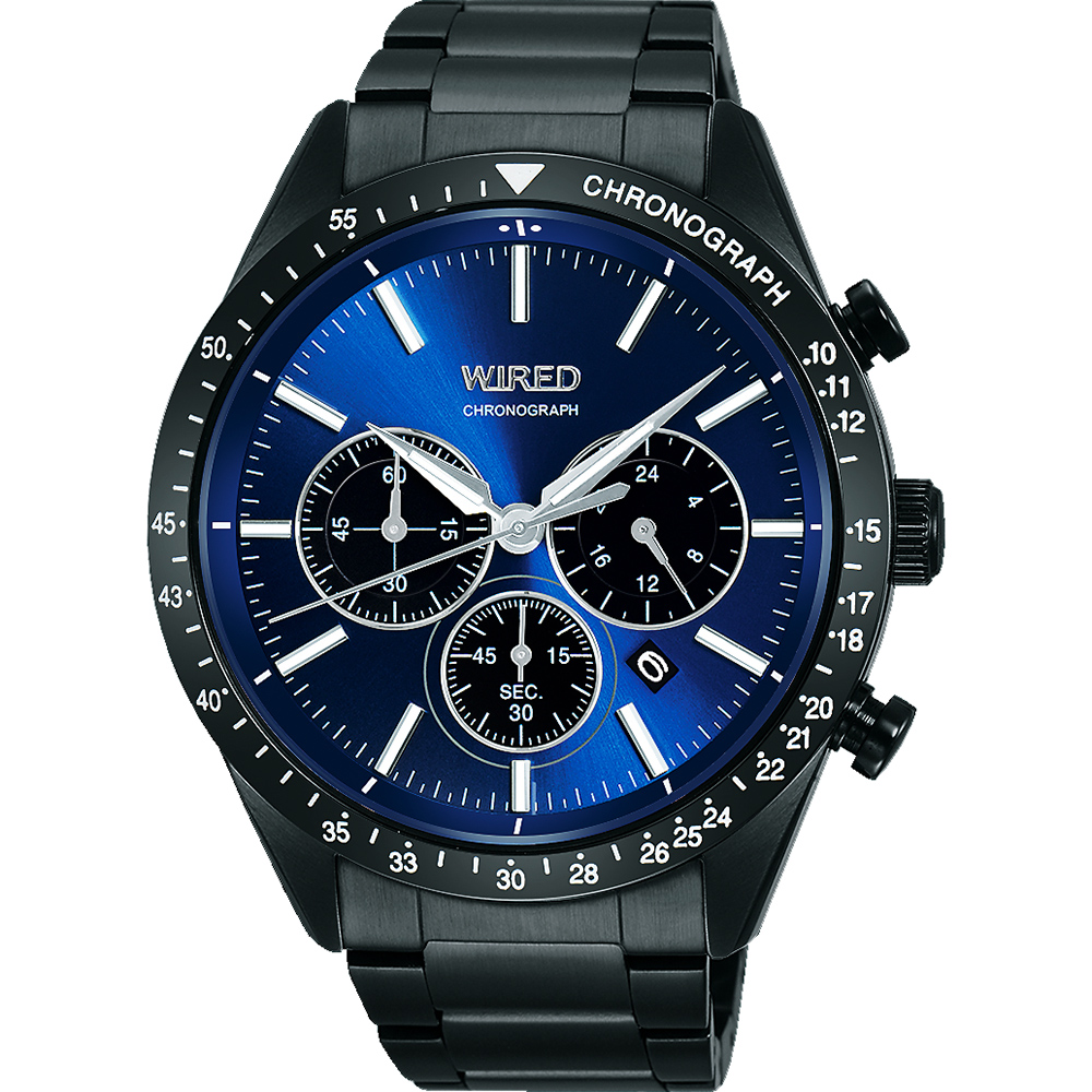 WIRED 東京潮流三眼計時腕錶(AY8006X1)-藍x鍍黑/46mm