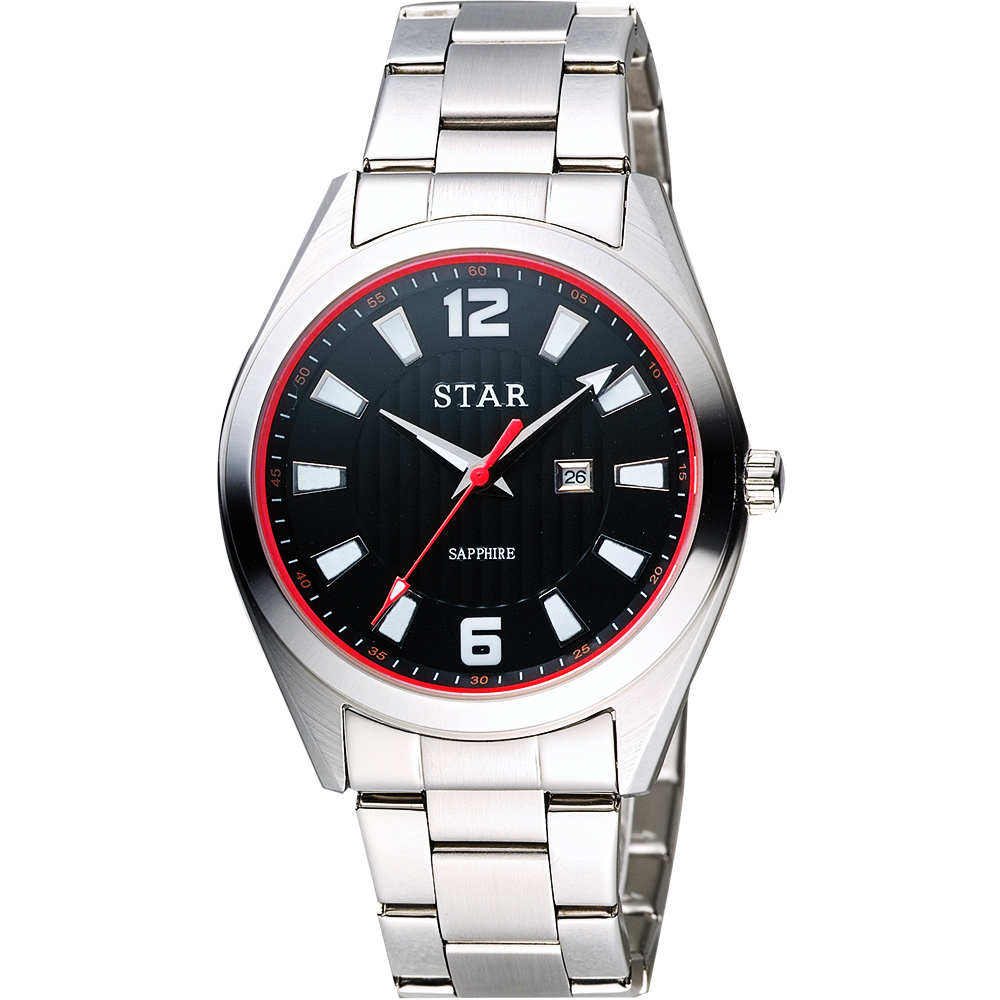 STAR 時代 城市摩登石英腕錶-黑x紅圈x銀/39mm