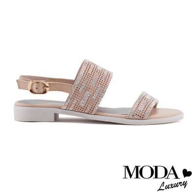 涼鞋 MODA Luxury 異材質拼接沖孔設計一字粗低跟涼鞋－粉
