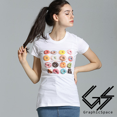 多色趣味甜甜圈圖案磨毛水洗長版T恤 (白色)-GraphicSpace